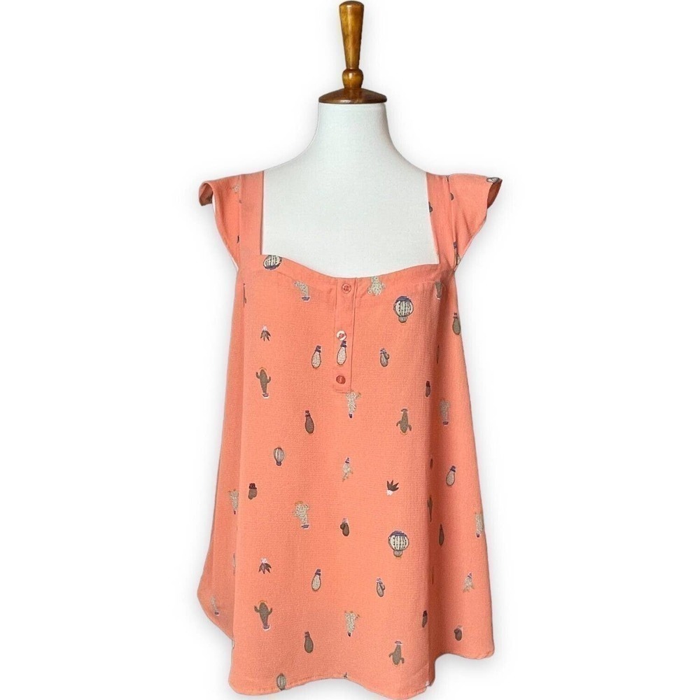 🍀 Torrid Women's Coral Cactus Ruffle Sleeveless Square Neck Blouse Size 0 Large